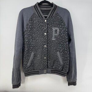 Victoria’s Secret PINK Leopard Varsity Jacket M Gray Black Rhinestone LOVE PINK